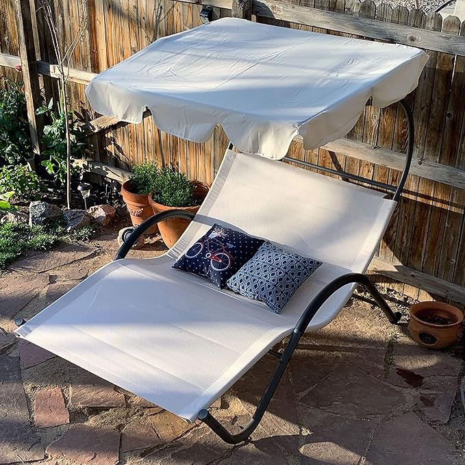 Sunnydaze Outdoor Double Chaise Lounge with Canopy Shade and Headrest Pillows - Beige Fabric with Black Powder-Coated Frame