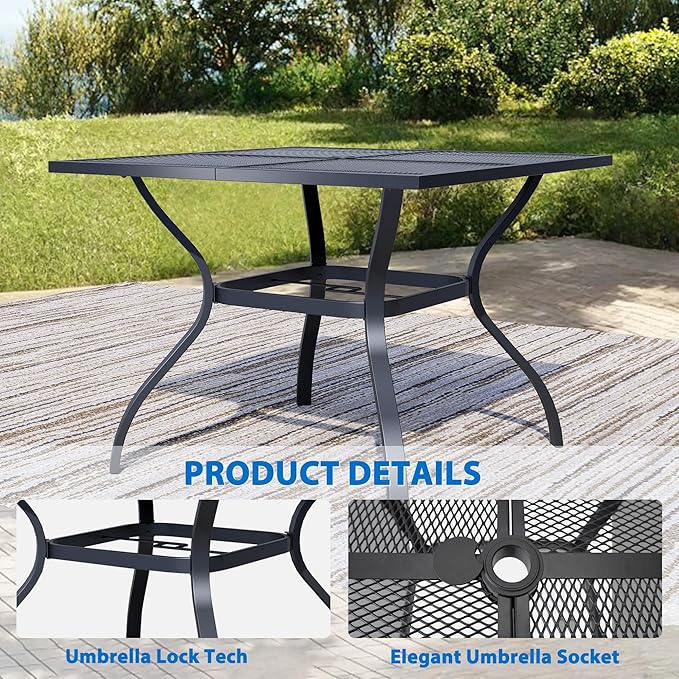 37.6'' Outdoor Patio Dining Table with Adjustable Umbrella Hole, Mesh Tabletop Square Table, Heavy Duty 400lbs Capacity, for Deck, Balcony, Bistro, Black