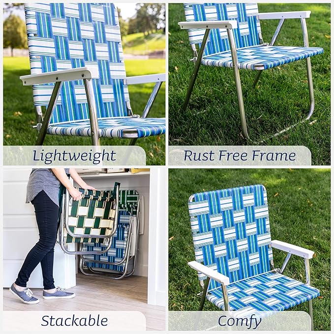 Lawn Chair USA Folding Aluminum Outdoor Patio Lawn Chair | Heavy-Duty Webbed Chairs for Camping, Sports, Beach, Yard & Tailgating | Lightweight Portable | Classic - Tan Stripe with White Arms