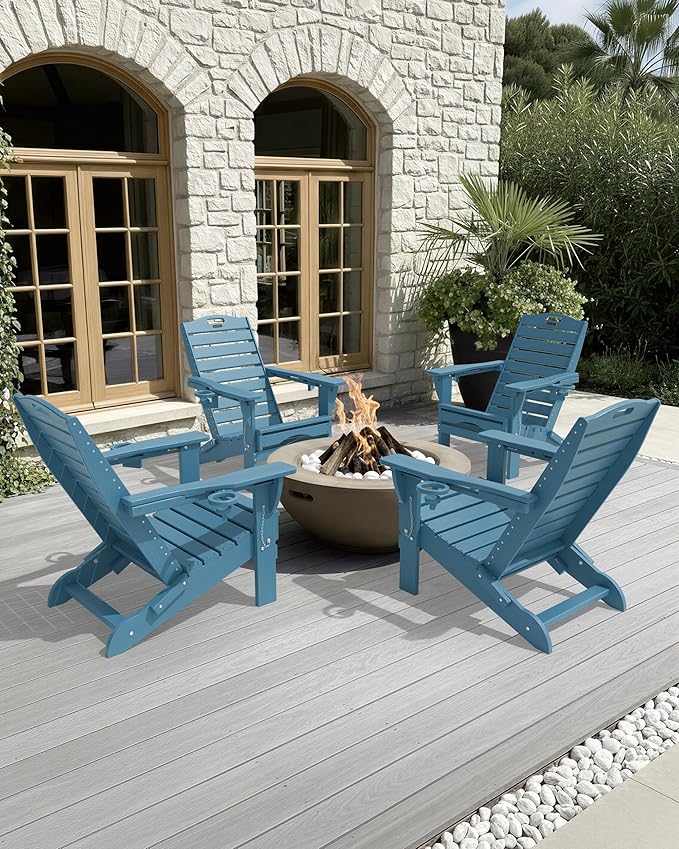 Folding Adirondack Chairs Set of 6,Adirondack Chair with Retractable Ottoman,Plastic Adirondack Chairs with 2 Cup Holder,Weather Resistant Patio Chair,Outdoor Chairs Set of 6(Navy Blue)