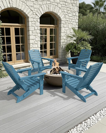 Folding Adirondack Chairs Set of 6,Adirondack Chair with Retractable Ottoman,Plastic Adirondack Chairs with 2 Cup Holder,Weather Resistant Patio Chair,Outdoor Chairs Set of 6(Navy Blue)