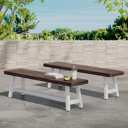 Merax 2 Pack Outdoor Acacia Wood Patio Bench, Garden Benches for Porch Park Yard Backyard Lawn, Brown+White