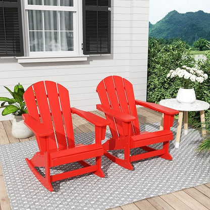 Costaelm Outdoor Adirondack Chair Set of 2, All Weather Resistant Classic Balcony Chair and Fire Pit Chairs, Adirondack Plastic Outdoor Porch Furniture Rocking Chair High Back HDPE Poly Lumber, Red