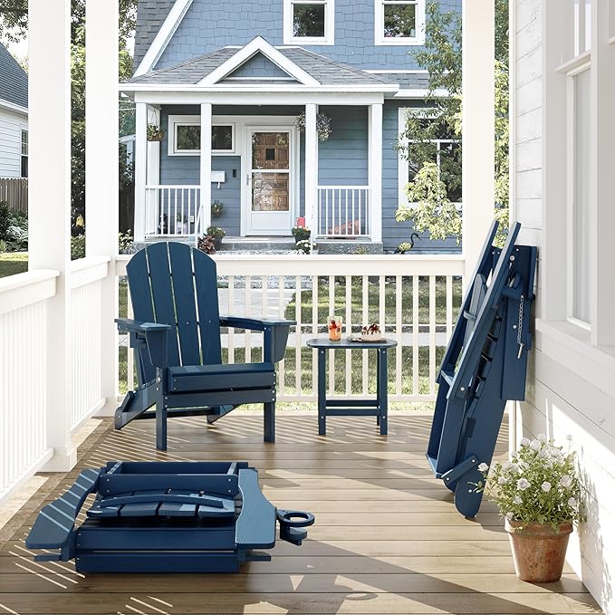 Outdoor Folding Adirondack Chair Set of 4 for Patio Fire Pit, Wooden Textured HDPE Adjustable Chairs with Cup Holder, Waterproof All Weather Resistant Plastic for Pool Lawn Garden Backyard(NavyBlue)