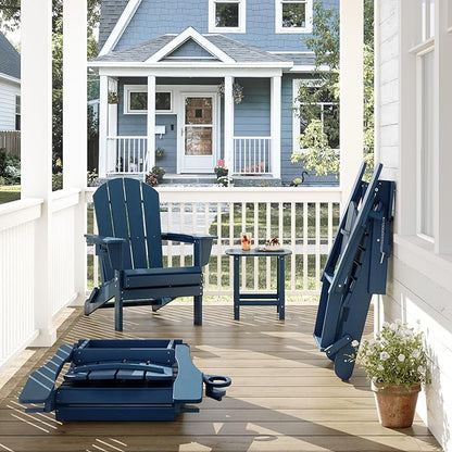 Outdoor Folding Adirondack Chair Set of 2 for Patio Fire Pit, Wooden Textured HDPE Adjustable Chairs with Cup Holder, Waterproof All Weather Resistant Plastic for Pool Lawn Garden Backyard(NavyBlue)