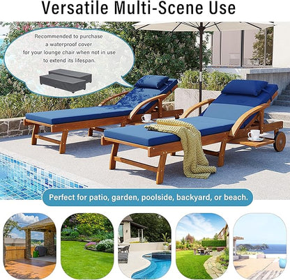 LUMISOL 77.5” Acacia Wood Chaise Lounge Chair, Patio Outdoor Chaise Lounge with Cushions, Adjustable Backrest, Leg Rest, Headrest, Retractable Side Tray for Patio, Pool, Garden, Navy Blue