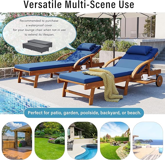 Acacia Wood Outdoor Patio Chaise Lounge, All Weather Reclining Lounge Chairs with Adjustable Backrest& Leg Rest, 2 Wheels, Headrest, Retractable Side Tray for Poolside Garden Beach (Navy-3.17)