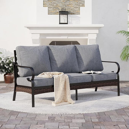 Metal Patio Furniture Sofa with 5.75" Extra Thick Cushion, 3-Seater Deep Seating & High-Back Black Frame Outdoor Couch All Weather Outdoor Seating for Deck Gazebo Porch, Navy