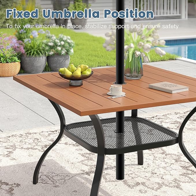 DIFY Outdoor Dining Table, Patio Square Metal Dining Table with 1.57" Umbrella Hole for 4 Person, Ideal for Poolside, Deck, Garden and Balcony, Walnut
