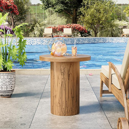 Metal Small Patio Table, Round Outdoor Side Table, Wood Color Outdoor Accent End Table, Patio Furniture, for Garden, Pool, Yard, Balcony, Living Room, Deck, Weather Resistant, No Assembly