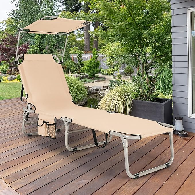 GYMAX Beach Chair with Canopy Shade, Folding Tanning Lounge with Adjustable Backrest, Carry Handle & Side Pocket - Photo 2