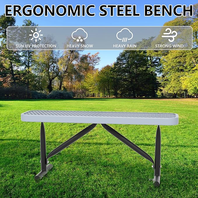4ft Park Benches for Outside, 48" L Backless Heavy-Duty Commercial Gray Garden Bench with Expanded Steel Mesh Seat, Weatherproof Park Patio Dining Table Bench for Backyard Lawn School Porch Deck