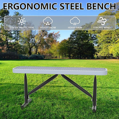 4ft Park Benches for Outside, 48" L Backless Heavy-Duty Commercial Gray Garden Bench with Expanded Steel Mesh Seat, Weatherproof Park Patio Dining Table Bench for Backyard Lawn School Porch Deck