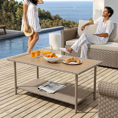 YITAHOME Outdoor Wicker Coffee Table with 2-Layer, 39.4" Rectangle Outside Side Table with Faux Wood Top, All-Weather Rattan Patio Bistro Table for Garden Backyard Porch - Brown