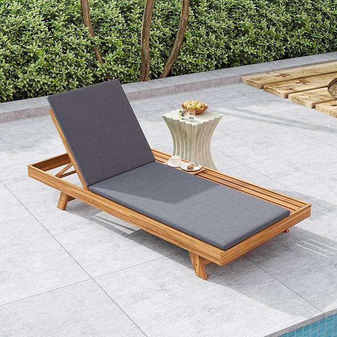 2-Piece Patio Lounge Chair Set with Side Space, Outdoor Chaise Lounge Adjustable & Breathable Acacia Wood Frame - Photo 3