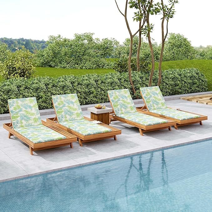 Acacia Wood Outdoor Chaise Lounge with Open Slatted Side, 4-Position Pool Lounge Chairs with All-Weather Cushion, Teak Finish Reclining Patio Chair, 300Lbs Capacity (Green Leaf, 2 inch)