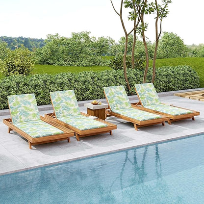 Acacia Wood Outdoor Chaise Lounge with Open Slatted Side, 4-Position Pool Lounge Chairs with All-Weather Cushion, Teak Finish Reclining Patio Chair, 300Lbs Capacity (Green Leaf, 2 inch)