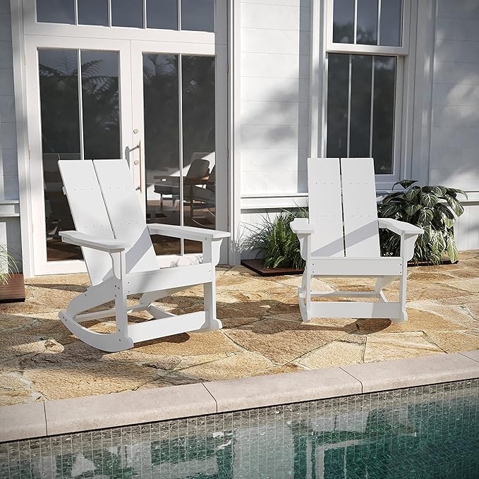 Taylor & Logan Finn Modern All-Weather 2-Slat Poly Resin Rocking Adirondack Chair with Rust Resistant Stainless Steel Hardware in White - Set of2