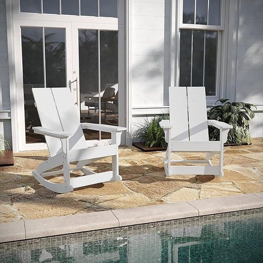 Taylor & Logan Finn Modern All-Weather 2-Slat Poly Resin Rocking Adirondack Chair with Rust Resistant Stainless Steel Hardware in White - Set of2
