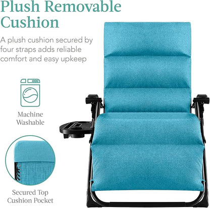 Best Choice Products Oversized Zero Gravity Chair, Folding Outdoor Patio Recliner, XL Anti Gravity Lounger w/Removable Cushion, Cup Holder, Side Tray, 350lb Capacity - Light Blue