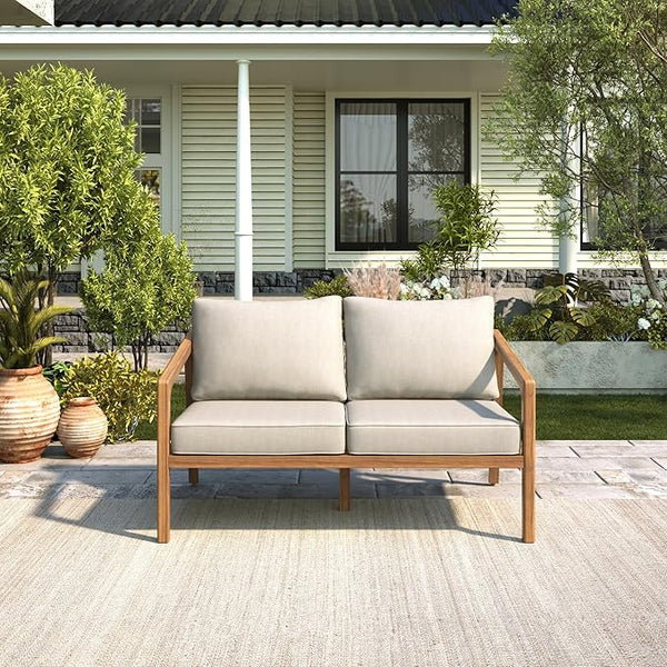 Merax 1 Piece Patio Outdoor Furniture Set, All-Weather Acacia Wood Lovesear Sofa w/Coushions for Porch, Lawn, Backyard - Photo 1