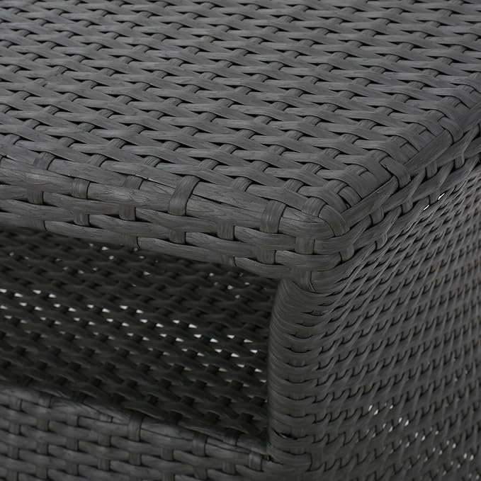 Outdoor Rattan Side Table with Umbrella Hole, All Weather 2 Tier Rattan Wicker Coffee End Table with Storage Shelf for Garden Porch Deck Backyard, No Assembly Required (Grey)