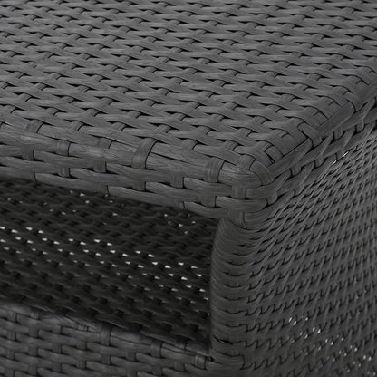 Outdoor Rattan Side Table with Umbrella Hole, All Weather 2 Tier Rattan Wicker Coffee End Table with Storage Shelf for Garden Porch Deck Backyard, No Assembly Required (Grey)
