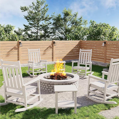 HDPE Rocking Chair Outdoor Set of 2 with Side Table - Poly High Back Porch Rocker Chairs for Adults - All Weather Resistant Furniture for Patio Front Porch - White