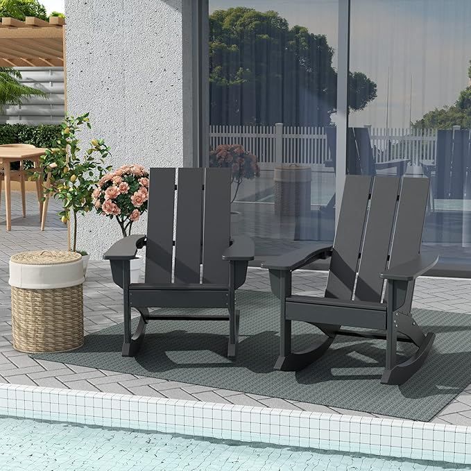 WestinTrends Ashore Patio Rocking Chairs Set of 4, All Weather Poly Lumber Plank Adirondack Rocker Chair, Modern Farmhouse Outdoor Rocking Chairs for Porch Garden Backyard and Indoor, Gray