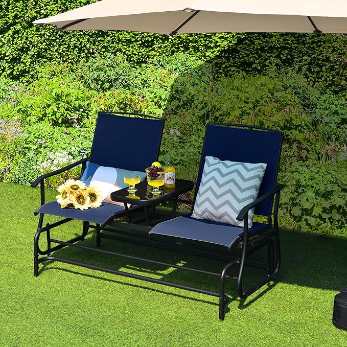 Tangkula 2 Person Swing Glider Chair, Patio Rocking Loveseat w/Center Tempered Glass Table - Photo 4