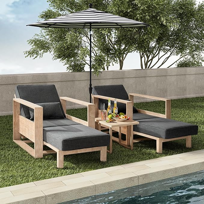 HULALA HOME Outdoor Chaise Lounges Set of 2, Solid Wood Patio Lounge Chairs with Lumbar Pillow - Photo 8