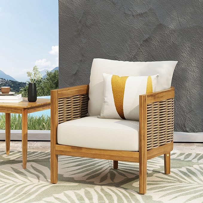 Merax Single Outdoor Acacia Wood Wicker Club Chair with Cushion,Patio Furniture Conversation Seat for Backyard - Photo 4