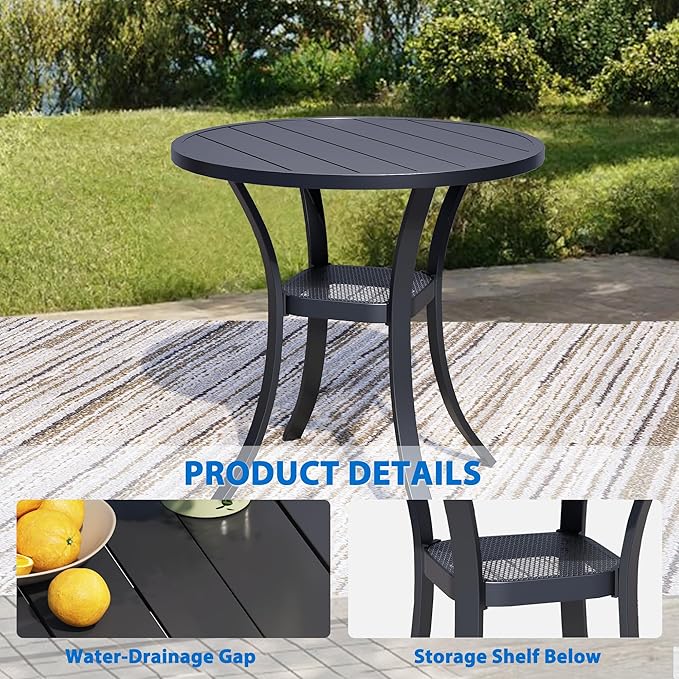 27.5'' Outdoor Patio Table with Storage Shelf, Heavy Duty 400lbs Capacity Round Metal Garden Table, All-Weather Black Tabletop for Deck, Balcony, Bistro, 2-4 Person