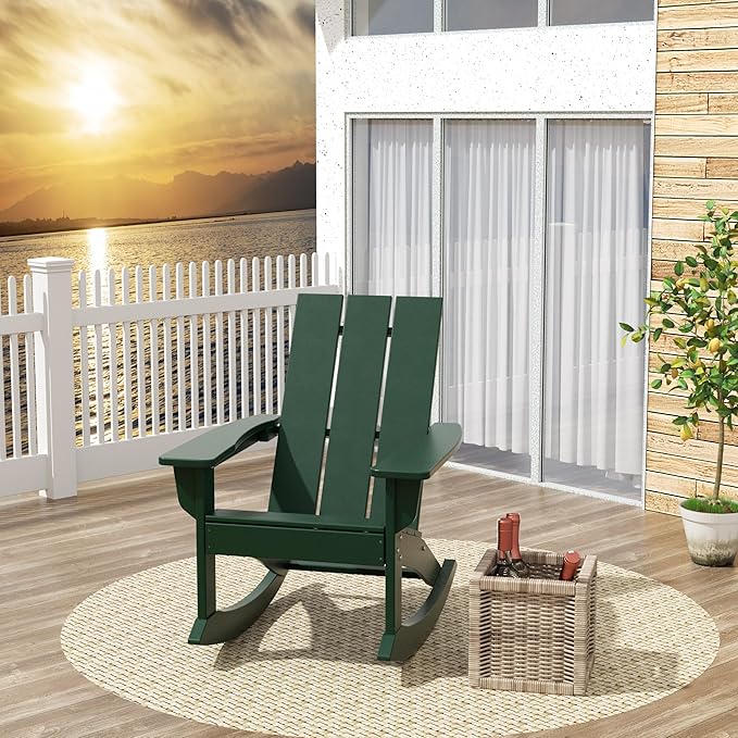 Costaelm Outdoor Adirondack Chair, All Weather Resistant Lawn Chairs Balcony Chair and Fire Pit Chairs, Patio Chair Outdoor Porch Rocking Chair High Back HDPE Poly Lumber, Dark Green