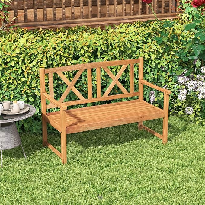 Tangkula Patio Acacia Wood Bench, 2-Person Outdoor Loveseat Chair, Cozy Armrest & Backrest, Sturdy Acacia Wood Frame, Outdoor Slatted Seating Bench for Backyard, Garden, 800 lbs Max Load