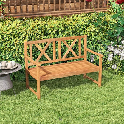 Tangkula Patio Acacia Wood Bench, 2-Person Outdoor Loveseat Chair, Cozy Armrest & Backrest, Sturdy Acacia Wood Frame, Outdoor Slatted Seating Bench for Backyard, Garden, 800 lbs Max Load