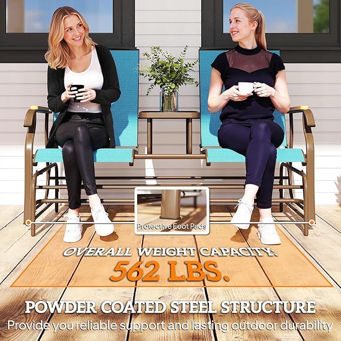 Outsunny 2 Person Outdoor Glider Bench, Patio Swing Glider Chair Loveseat with Breathable Mesh, Table, Steel Frame for Garden, Backyard, Porch, Blue