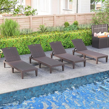 Tangkula Lounge Chair Outdoor Set of 2, Patio PP Pool Lounge Chairs with 5-Position Adjustable Backrests, Easy Assembly, Recliner Chaise Lounger for Poolside, Deck, Backyard, Porch (2, Brown)