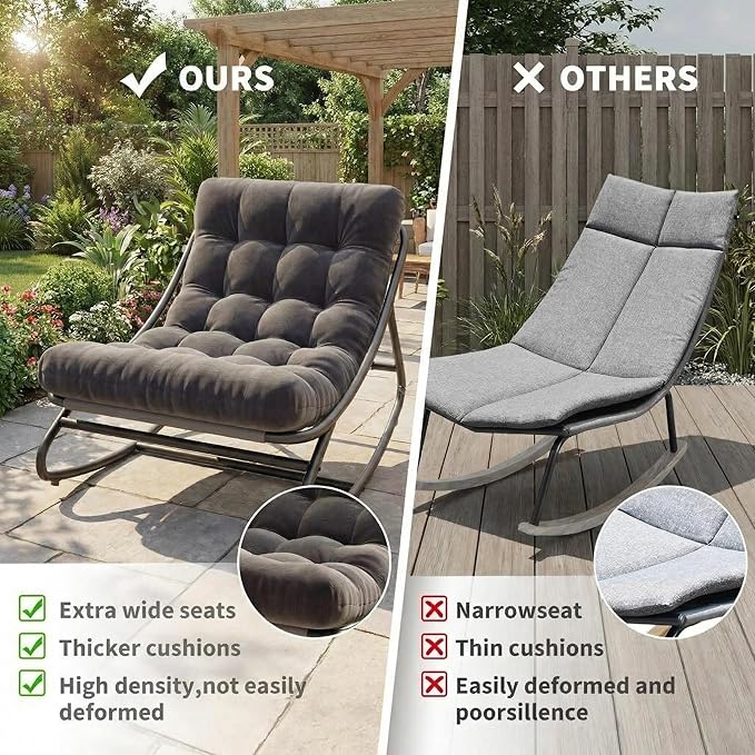 GarveeHome Wicker Rocking Chair, Papasan Egg Rocker with Iron Frame & Thick Cushion, Adjustable Rocking Range & Fixed Rope, 450 lbs Capacity Indoor/Outdoor for Porch, Garden, Grey