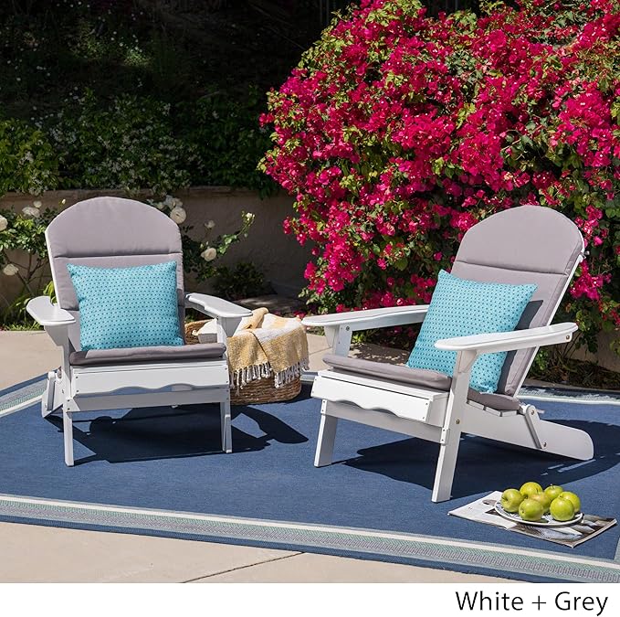 Christopher Knight Home Amenda Outdoor Acacia Wood Folding Adirondack Chairs with Cushions (Set of 2), Gray, White + Grey