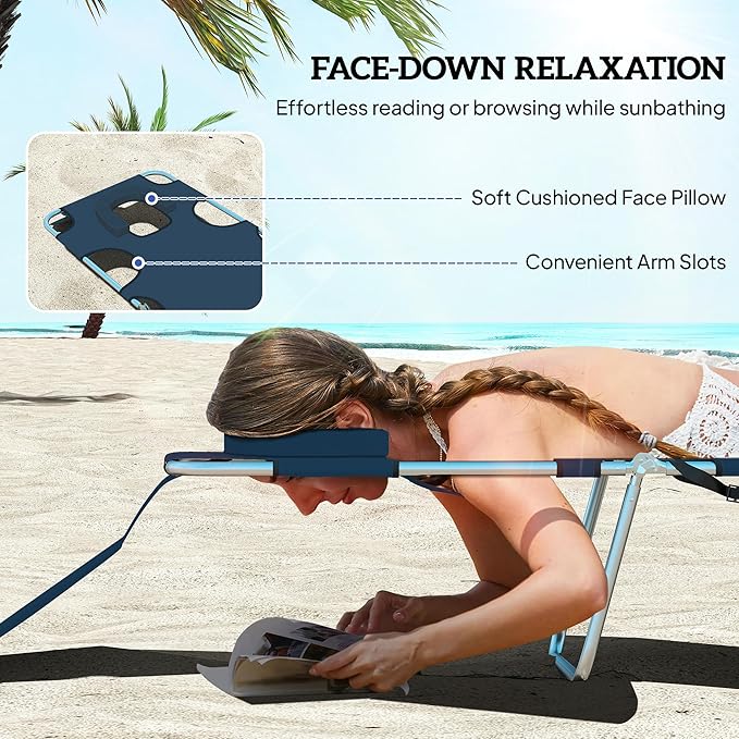 Outsunny Chaise Lounge Chair Outdoor Set of 2 with Face Arm Hole, 5-Position Reclining Face Down Tanning Chair with Carry Strap, Side Pocket, Portable Folding Bed Cot for Patio Beach Pool, Dark Blue