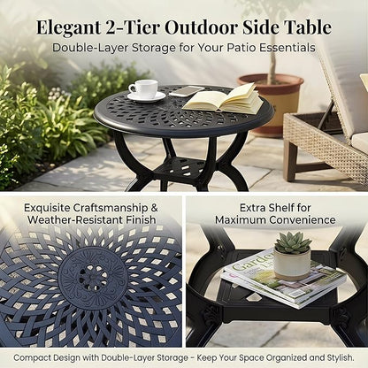 Round Outdoor Coffee Table Set of 2, Cast Aluminum Side Table with Storage,Indoor End Table, All-Weather Bistro Table for Patio Garden Lawn, Black