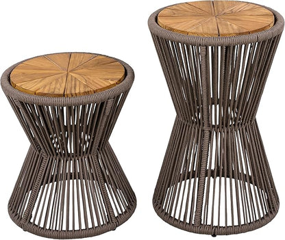 Merax Bohemian Round Outdoor Side Table Set of 2, 2 Pieces Patio Side Tables with Acacia Wood Top and Dark Grey Handwoven Rope Base, for Garden, Pool, Balcony, Elegant Hourglass Design, No Assembly