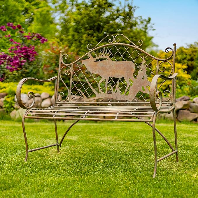 Classic Iron Garden Bench with Nature Scenery (Moose & Evergreen Backrest in Green)