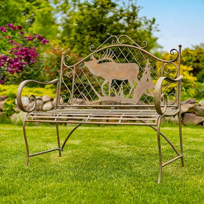 Classic Iron Garden Bench with Nature Scenery (Moose & Evergreen Backrest in Green)