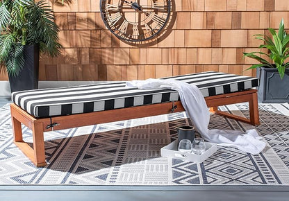 SAFAVIEH Outdoor Collection Solano Natural Brown Solid Wood/Navy Blue & White Stripe Cushion Patio Adjustable Chaise Lounge Chair (PAT7024H)