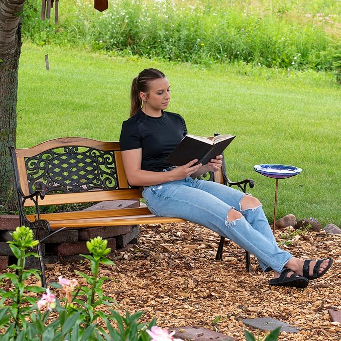 Sunnydaze 49-Inch Cast Iron and Wood 2-Person Garden Bench with Ivy Crossweave Design - 485-Pound Weight Capacity