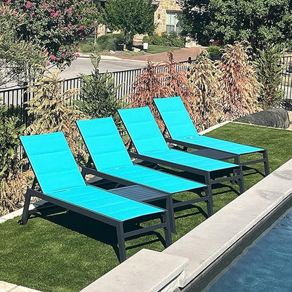 PURPLE LEAF Outdoor Chaise Lounge Set of 4 Aluminum Patio Lounge Chair with Wheels and Side Table Pool Chaise Lounge Chair for Outdoor Backyard Poolside Turquoise Blue (4 Lounges Chairs W/Table)