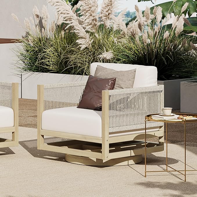 Christopher Knight Home Carlis Outdoor Acacia Wood Swivel Club Chair with Removable Cushion, 360° Rotating Patio Armchair for Garden, 360° Swivel Accent Chair, Light Teak+Cream