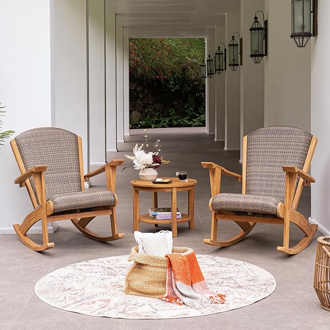 Cambridge Casual Camden Teak Wood Padded Woven Seat Outdoor Rocking Chair, All-Weather Wicker